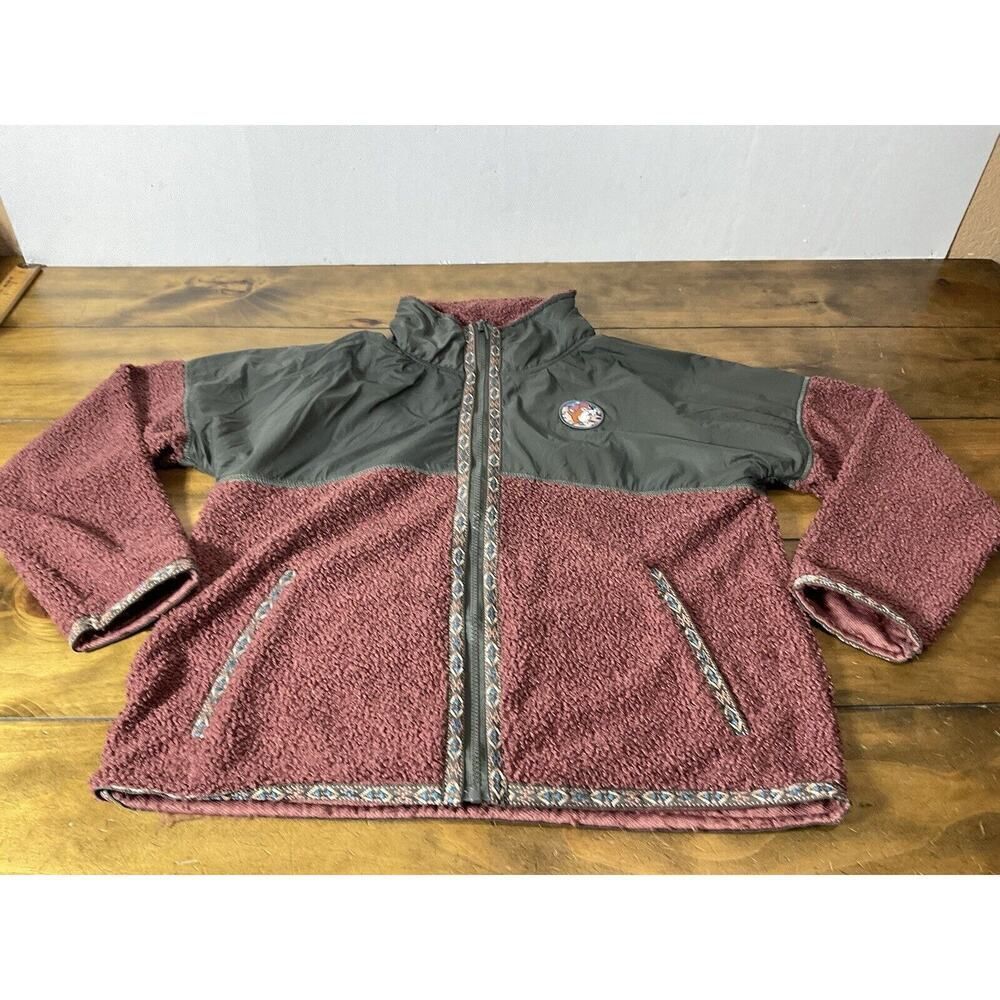 Buc-ee's Womens SmallJacket Aztec Tribal Burgundy Berber Fleece Full Zip Pockets - Picture 6 of 15